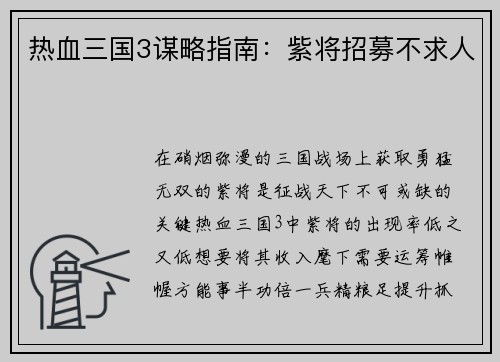 热血三国3谋略指南：紫将招募不求人